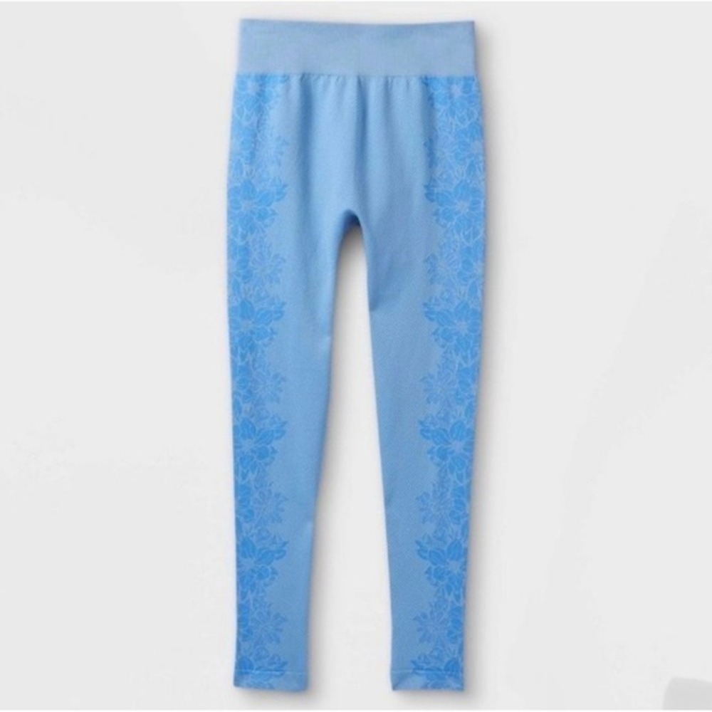 NWT All in Motion Kids Blue Floral Seamless High Rise Leggings XL 14/16